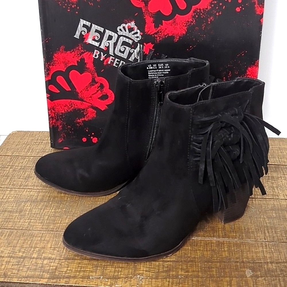 Euc Fringe Fergalicious Black Velour Boots